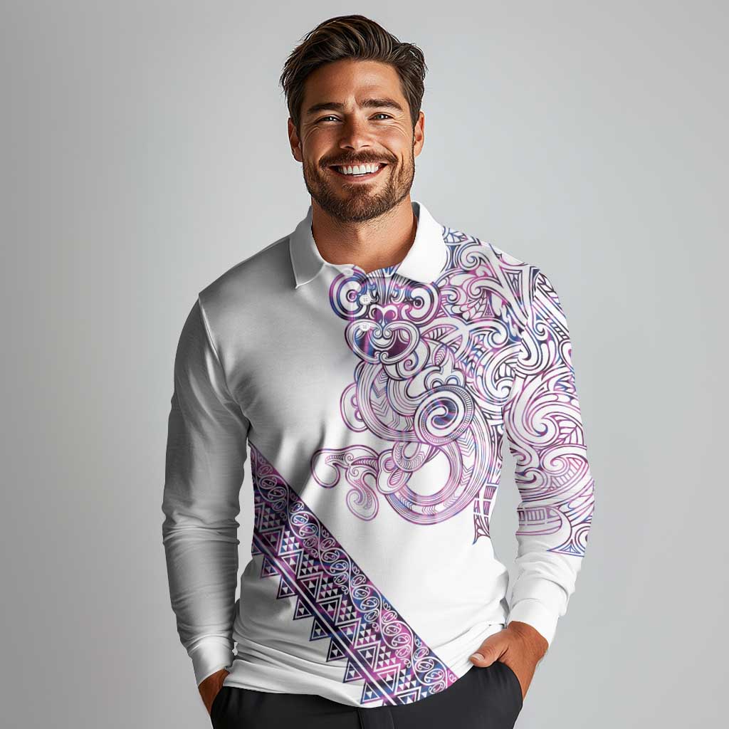 Mawhero Paua shell Kowhaiwhai Taniko Personalised Long Sleeve Polo Shirt Taniwha Maori Tribal Style LT9 - Polynesian Pride