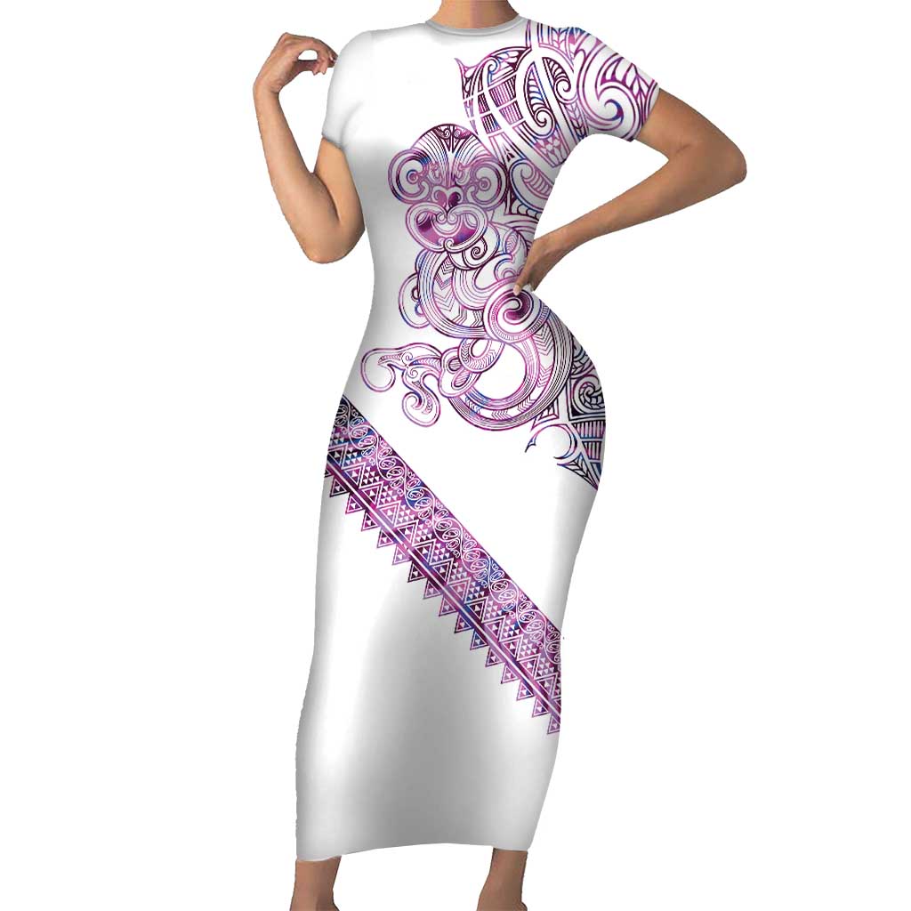 Mawhero Paua shell Kowhaiwhai Taniko Personalised Short Sleeve Bodycon Dress Taniwha Maori Tribal Style LT9 Long Dress Pink - Polynesian Pride