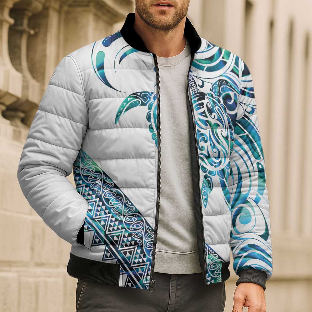 Kahui Whetu Paua shell Kowhaiwhai Taniko Personalised Bomber Puffer Jacket Turtle Tattoo Maori Tribal Style