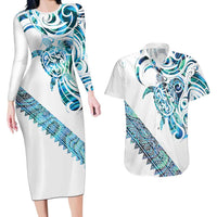 Kahui Whetu Paua shell Kowhaiwhai Taniko Personalised Couples Matching Long Sleeve Bodycon Dress and Hawaiian Shirt Turtle Tattoo Maori Tribal Style LT9 Blue - Polynesian Pride