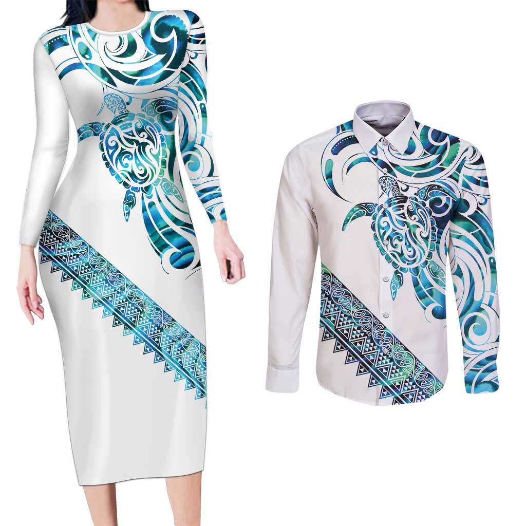 Kahui Whetu Paua shell Kowhaiwhai Taniko Personalised Couples Matching Long Sleeve Bodycon Dress and Long Sleeve Button Shirt Turtle Tattoo Maori Tribal Style