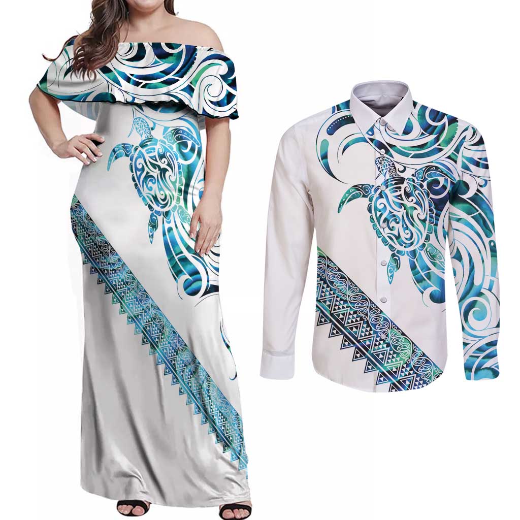 Kahui Whetu Paua shell Kowhaiwhai Taniko Personalised Couples Matching Off Shoulder Maxi Dress and Long Sleeve Button Shirt Turtle Tattoo Maori Tribal Style LT9 Blue - Polynesian Pride