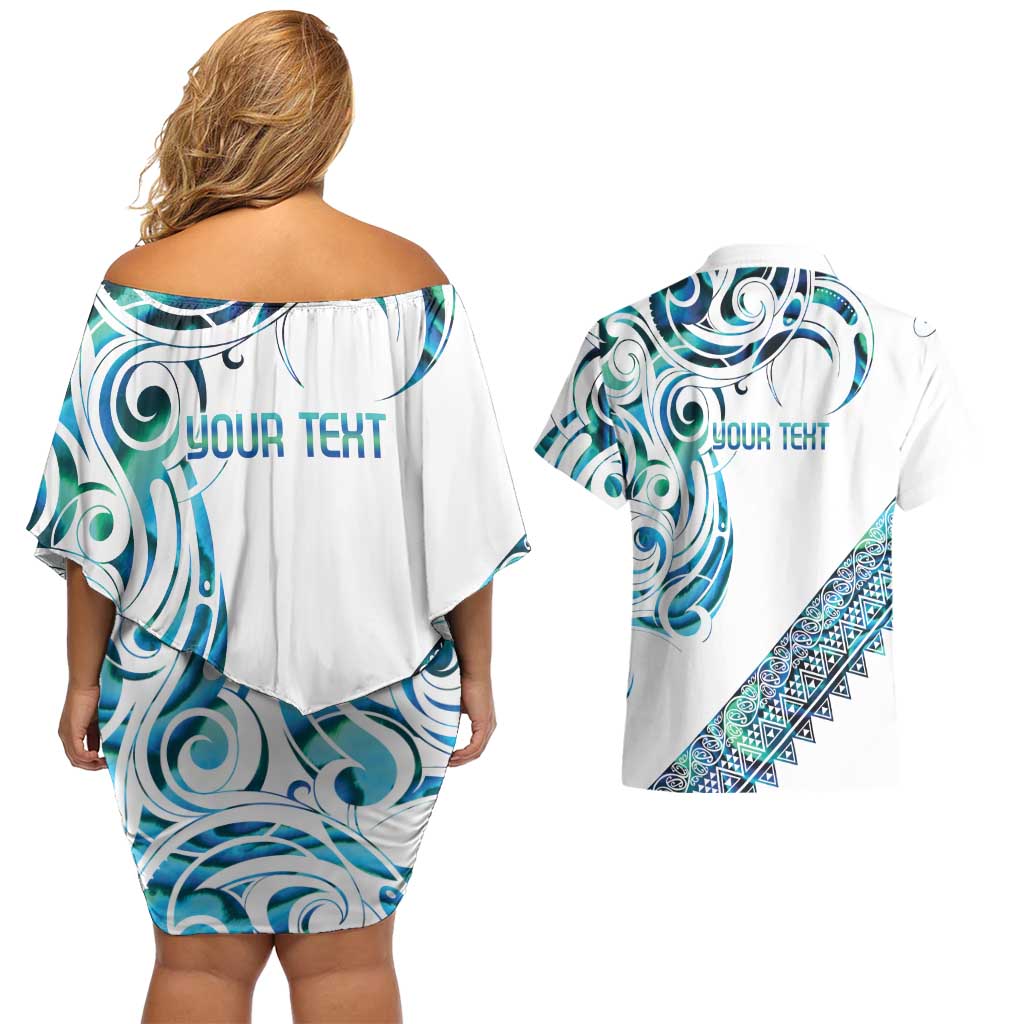Kahui Whetu Paua shell Kowhaiwhai Taniko Personalised Couples Matching Off Shoulder Short Dress and Hawaiian Shirt Turtle Tattoo Maori Tribal Style LT9 - Polynesian Pride