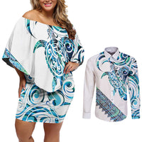 Kahui Whetu Paua shell Kowhaiwhai Taniko Personalised Couples Matching Off Shoulder Short Dress and Long Sleeve Button Shirt Turtle Tattoo Maori Tribal Style LT9 Blue - Polynesian Pride