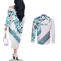 Kahui Whetu Paua shell Kowhaiwhai Taniko Personalised Couples Matching Off The Shoulder Long Sleeve Dress and Long Sleeve Button Shirt Turtle Tattoo Maori Tribal Style LT9 - Polynesian Pride