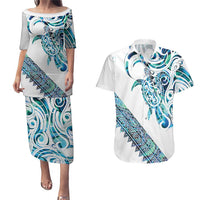 Kahui Whetu Paua shell Kowhaiwhai Taniko Personalised Couples Matching Puletasi and Hawaiian Shirt Turtle Tattoo Maori Tribal Style LT9 Blue - Polynesian Pride