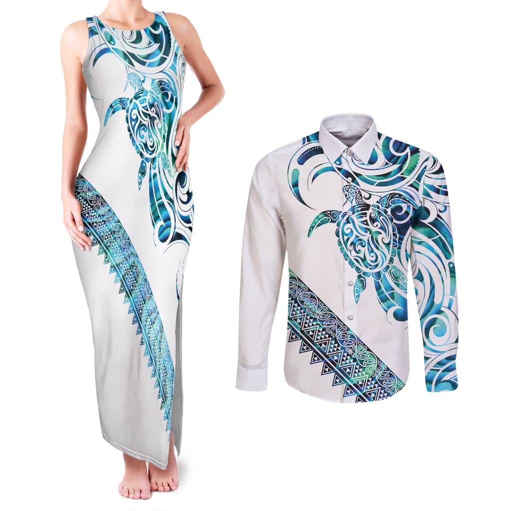 Kahui Whetu Paua shell Kowhaiwhai Taniko Personalised Couples Matching Tank Maxi Dress and Long Sleeve Button Shirt Turtle Tattoo Maori Tribal Style LT9 Blue - Polynesian Pride