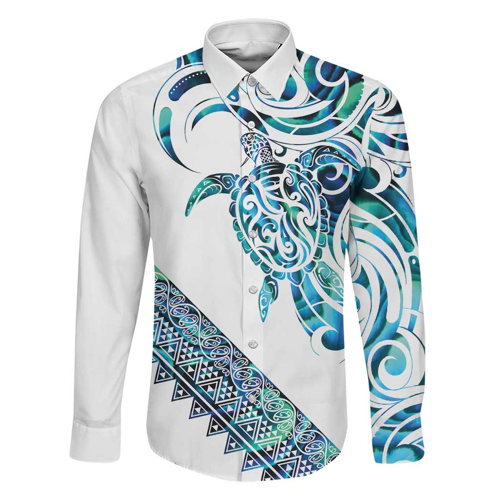 Kahui Whetu Paua shell Kowhaiwhai Taniko Personalised Family Matching Off Shoulder Maxi Dress and Hawaiian Shirt Turtle Tattoo Maori Tribal Style LT9 Dad's Shirt - Long Sleeve Blue - Polynesian Pride