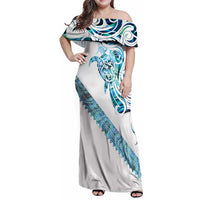 Kahui Whetu Paua shell Kowhaiwhai Taniko Personalised Family Matching Off Shoulder Maxi Dress and Hawaiian Shirt Turtle Tattoo Maori Tribal Style LT9 Mom's Dress Blue - Polynesian Pride