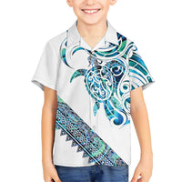 Kahui Whetu Paua shell Kowhaiwhai Taniko Personalised Family Matching Off Shoulder Maxi Dress and Hawaiian Shirt Turtle Tattoo Maori Tribal Style LT9 Son's Shirt Blue - Polynesian Pride