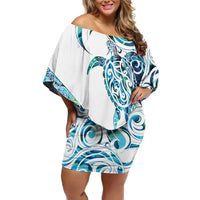 Kahui Whetu Paua shell Kowhaiwhai Taniko Personalised Family Matching Off Shoulder Short Dress and Hawaiian Shirt Turtle Tattoo Maori Tribal Style LT9 Mom's Dress Blue - Polynesian Pride