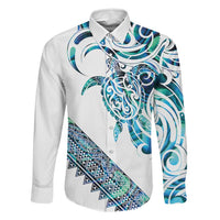 Kahui Whetu Paua shell Kowhaiwhai Taniko Personalised Family Matching Puletasi and Hawaiian Shirt Turtle Tattoo Maori Tribal Style LT9 Dad's Shirt - Long Sleeve Blue - Polynesian Pride