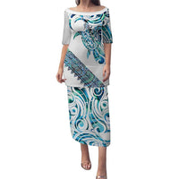 Kahui Whetu Paua shell Kowhaiwhai Taniko Personalised Family Matching Puletasi and Hawaiian Shirt Turtle Tattoo Maori Tribal Style LT9 Mom's Dress Blue - Polynesian Pride