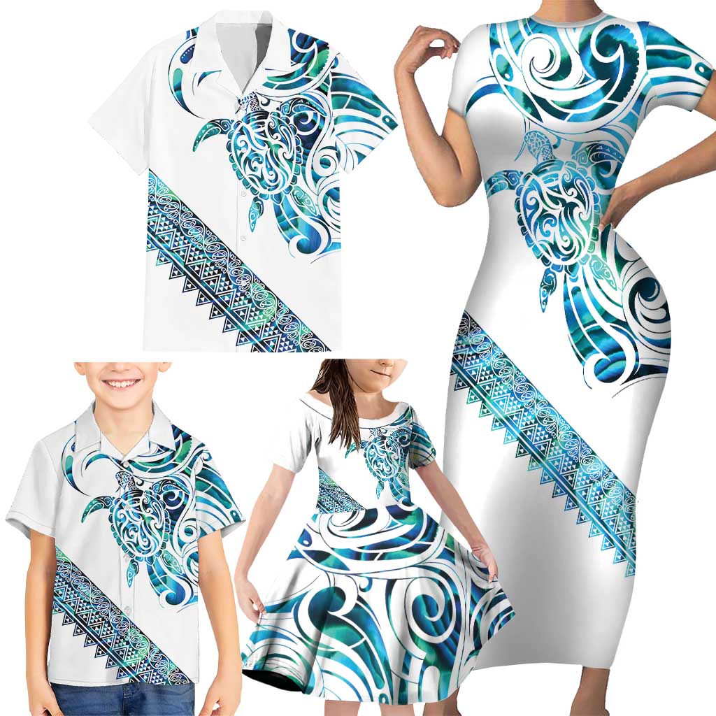 Kahui Whetu Paua shell Kowhaiwhai Taniko Personalised Family Matching Short Sleeve Bodycon Dress and Hawaiian Shirt Turtle Tattoo Maori Tribal Style LT9 - Polynesian Pride