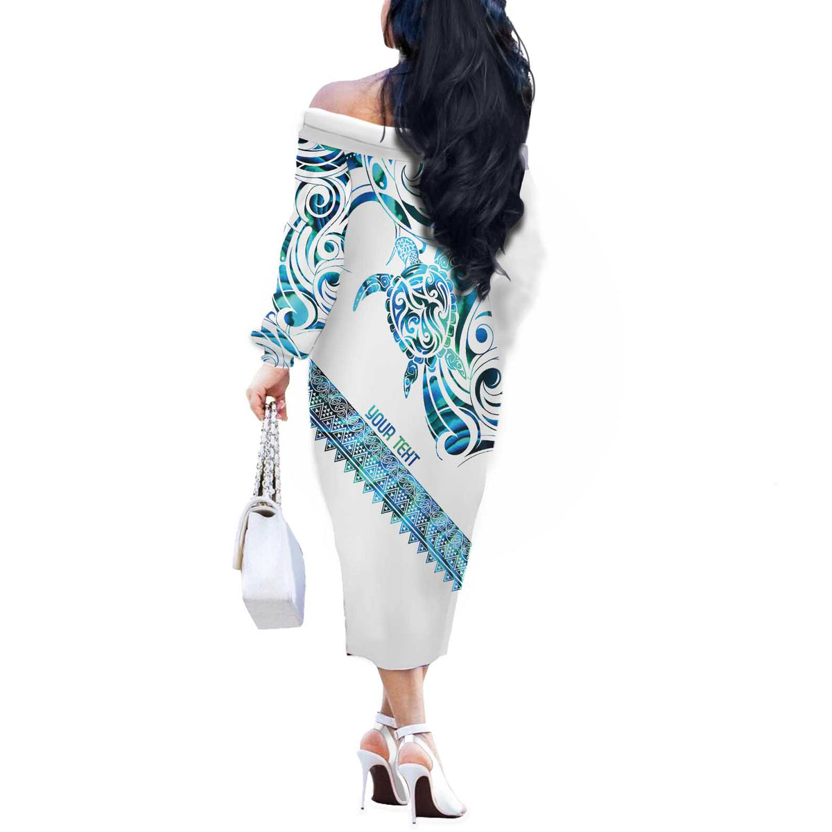 Kahui Whetu Paua shell Kowhaiwhai Taniko Personalised Off The Shoulder Long Sleeve Dress Turtle Tattoo Maori Tribal Style LT9 - Polynesian Pride