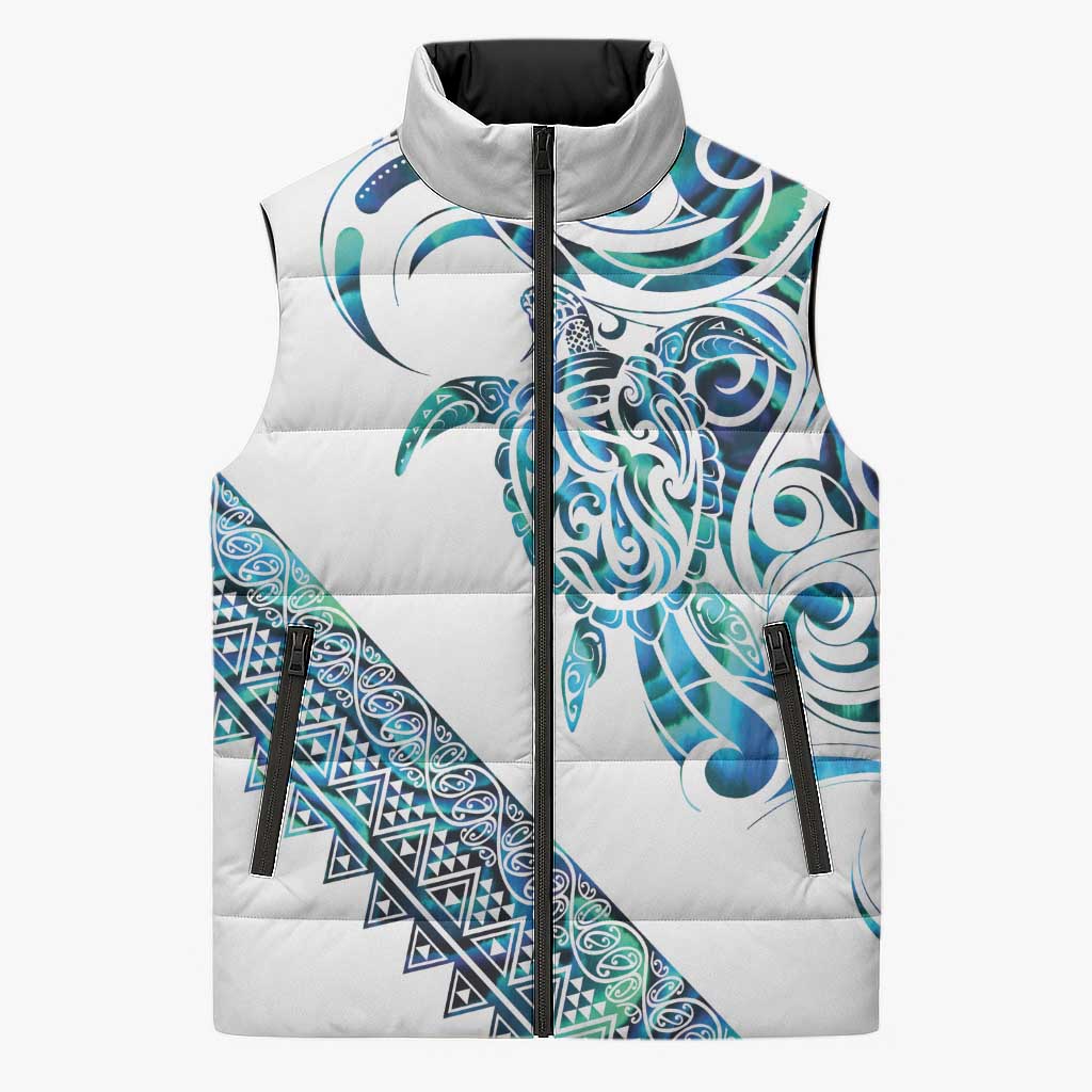 Kahui Whetu Paua shell Kowhaiwhai Taniko Personalised Sleeveless Puffer Jacket Turtle Tattoo Maori Tribal Style