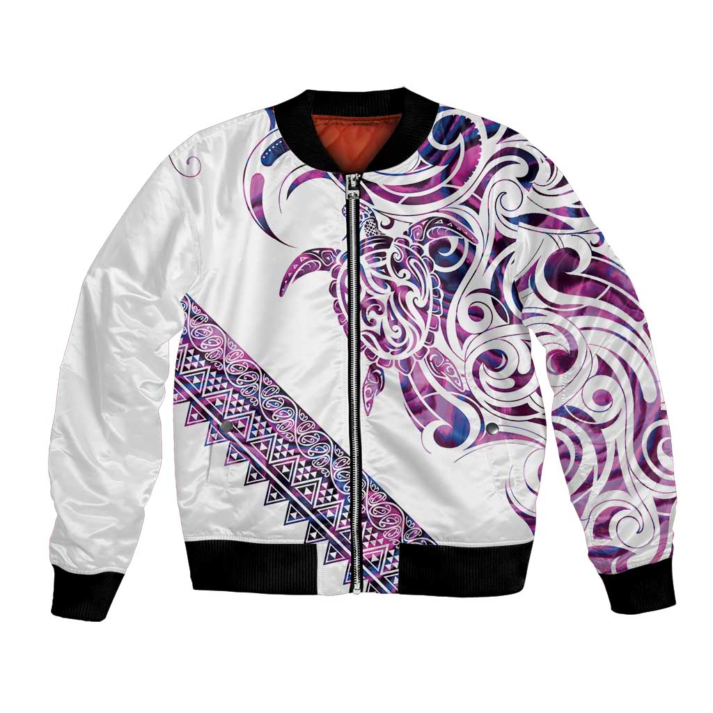 Mawhero Paua shell Kowhaiwhai Taniko Personalised Bomber Jacket Turtle Tattoo Maori Tribal Style