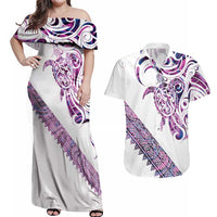 Mawhero Paua shell Kowhaiwhai Taniko Personalised Couples Matching Off Shoulder Maxi Dress and Hawaiian Shirt Turtle Tattoo Maori Tribal Style LT9 Pink - Polynesian Pride