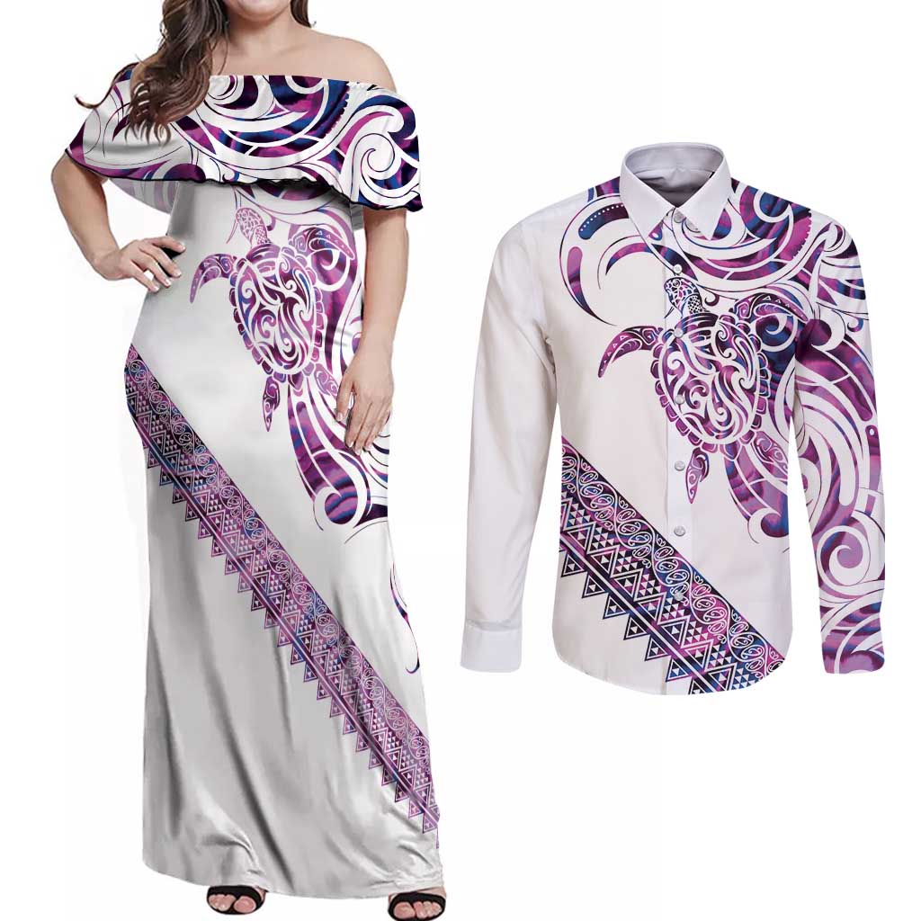 Mawhero Paua shell Kowhaiwhai Taniko Personalised Couples Matching Off Shoulder Maxi Dress and Long Sleeve Button Shirt Turtle Tattoo Maori Tribal Style LT9 Pink - Polynesian Pride