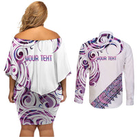 Mawhero Paua shell Kowhaiwhai Taniko Personalised Couples Matching Off Shoulder Short Dress and Long Sleeve Button Shirt Turtle Tattoo Maori Tribal Style LT9 - Polynesian Pride
