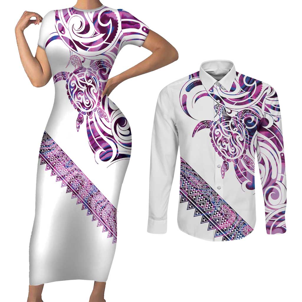 Mawhero Paua shell Kowhaiwhai Taniko Personalised Couples Matching Short Sleeve Bodycon Dress and Long Sleeve Button Shirt Turtle Tattoo Maori Tribal Style LT9 Pink - Polynesian Pride