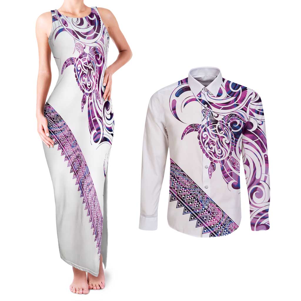 Mawhero Paua shell Kowhaiwhai Taniko Personalised Couples Matching Tank Maxi Dress and Long Sleeve Button Shirt Turtle Tattoo Maori Tribal Style LT9 Pink - Polynesian Pride