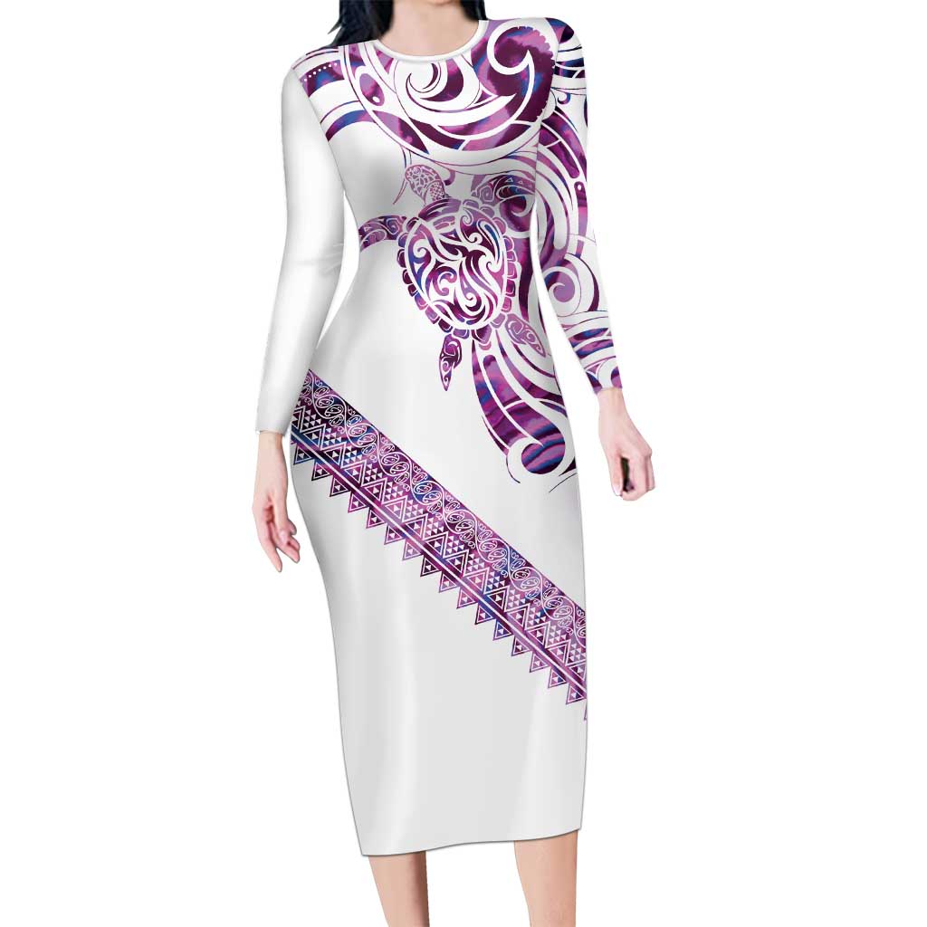 Mawhero Paua shell Kowhaiwhai Taniko Personalised Family Matching Long Sleeve Bodycon Dress and Hawaiian Shirt Turtle Tattoo Maori Tribal Style LT9 Mom's Dress Pink - Polynesian Pride