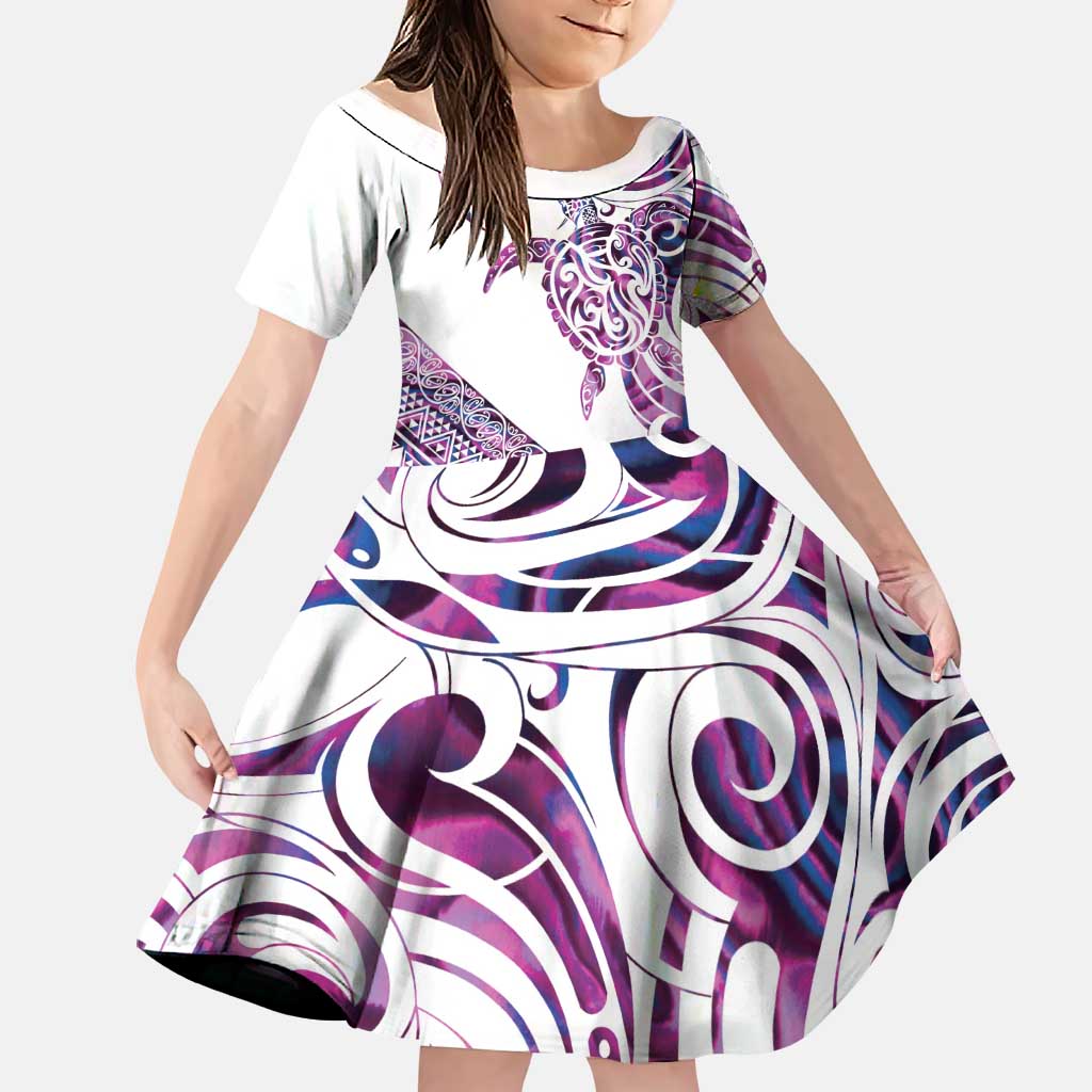 Mawhero Paua shell Kowhaiwhai Taniko Personalised Family Matching Mermaid Dress and Hawaiian Shirt Turtle Tattoo Maori Tribal Style LT9 Daughter's Dress Pink - Polynesian Pride