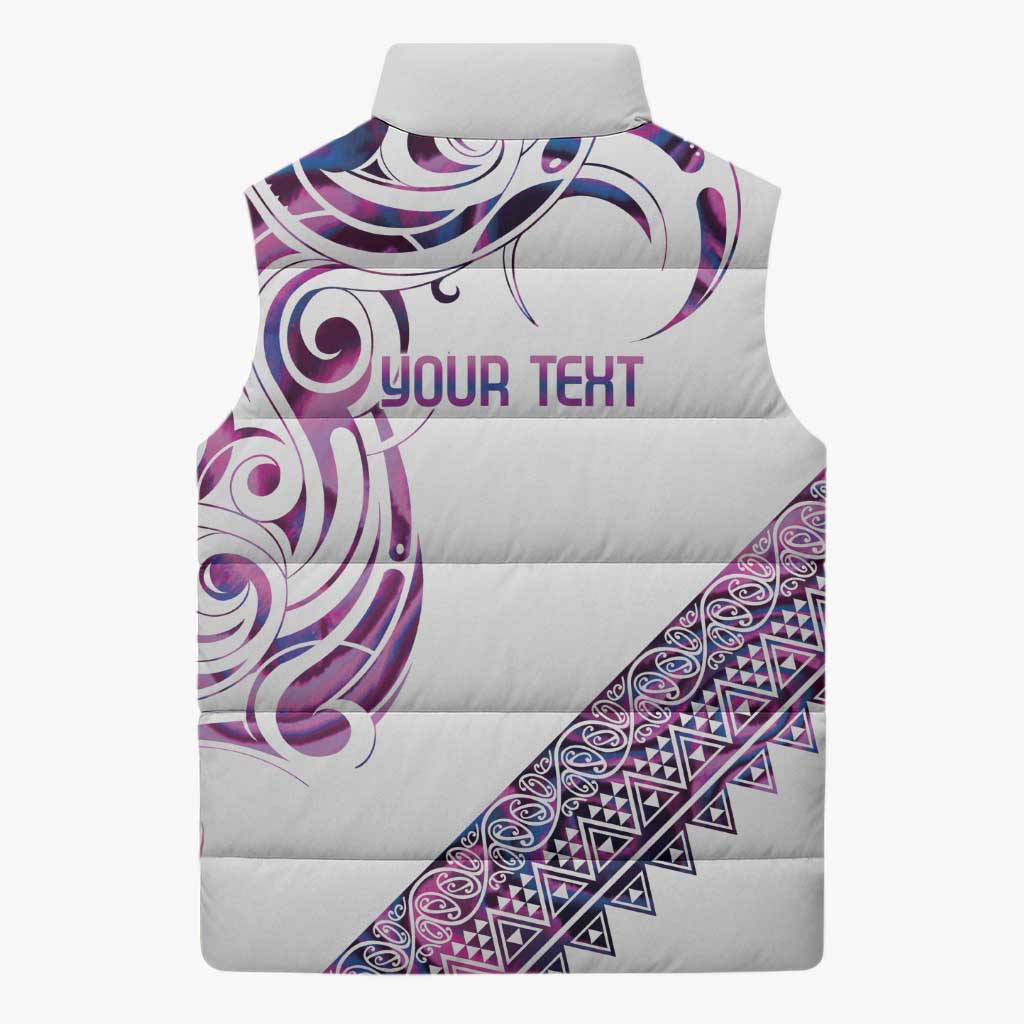 Mawhero Paua shell Kowhaiwhai Taniko Personalised Sleeveless Puffer Jacket Turtle Tattoo Maori Tribal Style