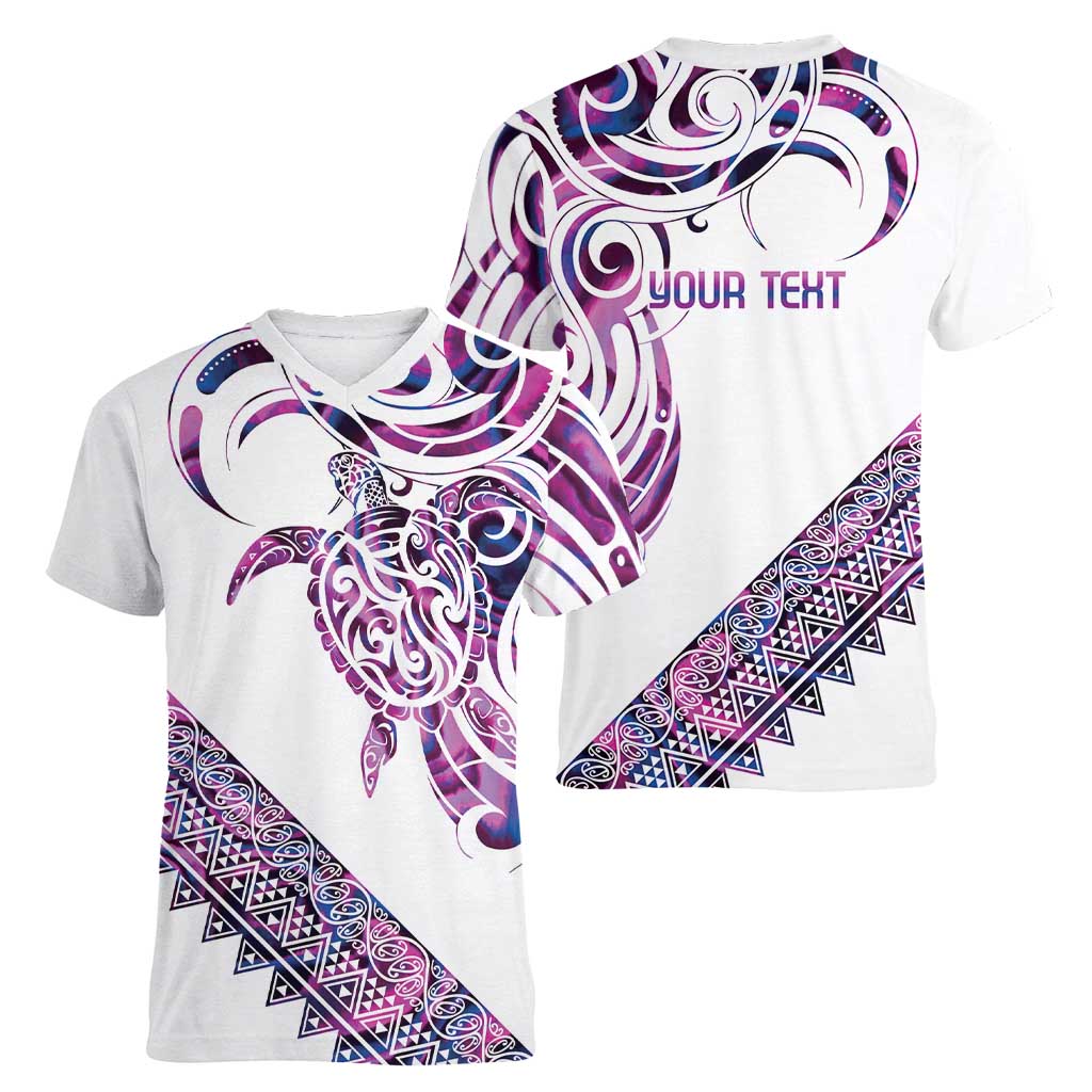 Mawhero Paua shell Kowhaiwhai Taniko Personalised Women V-Neck T-Shirt Turtle Tattoo Maori Tribal Style LT9 - Polynesian Pride
