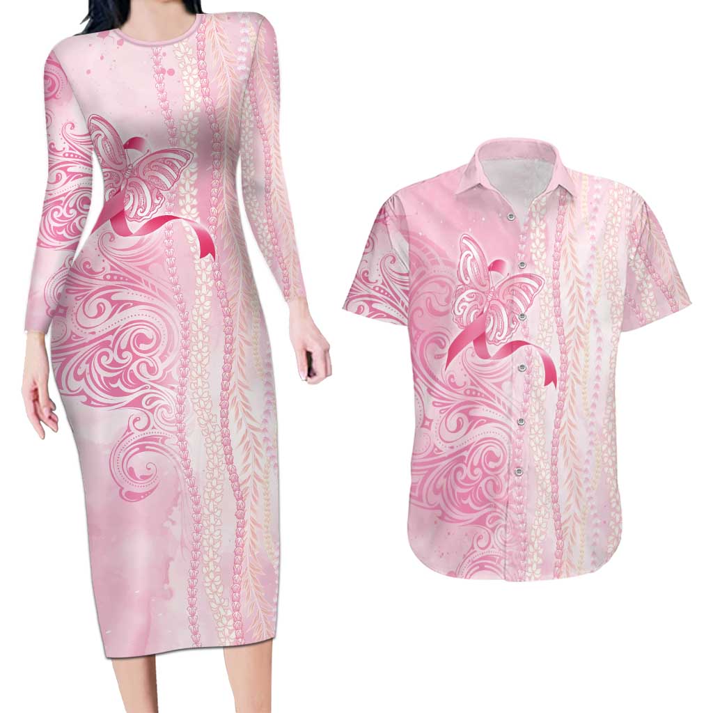 Breast Cancer Awareness Couples Matching Long Sleeve Bodycon Dress and Hawaiian Shirt Maile Pikake Lokelani Crown Flower Lei Inspired