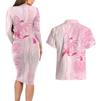 Breast Cancer Awareness Couples Matching Long Sleeve Bodycon Dress and Hawaiian Shirt Maile Pikake Lokelani Crown Flower Lei Inspired LT9 - Polynesian Pride