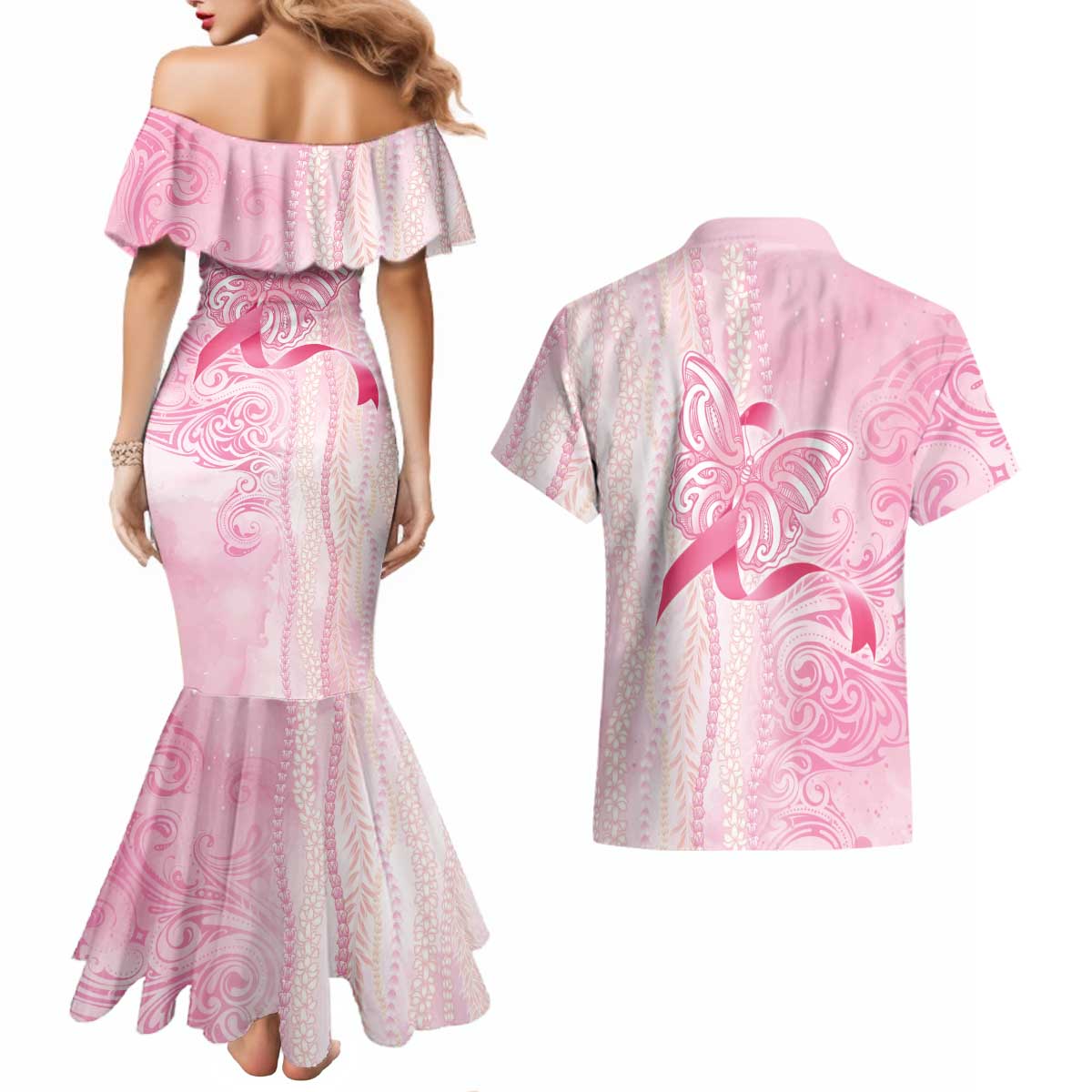 Breast Cancer Awareness Couples Matching Mermaid Dress and Hawaiian Shirt Maile Pikake Lokelani Crown Flower Lei Inspired LT9 - Polynesian Pride