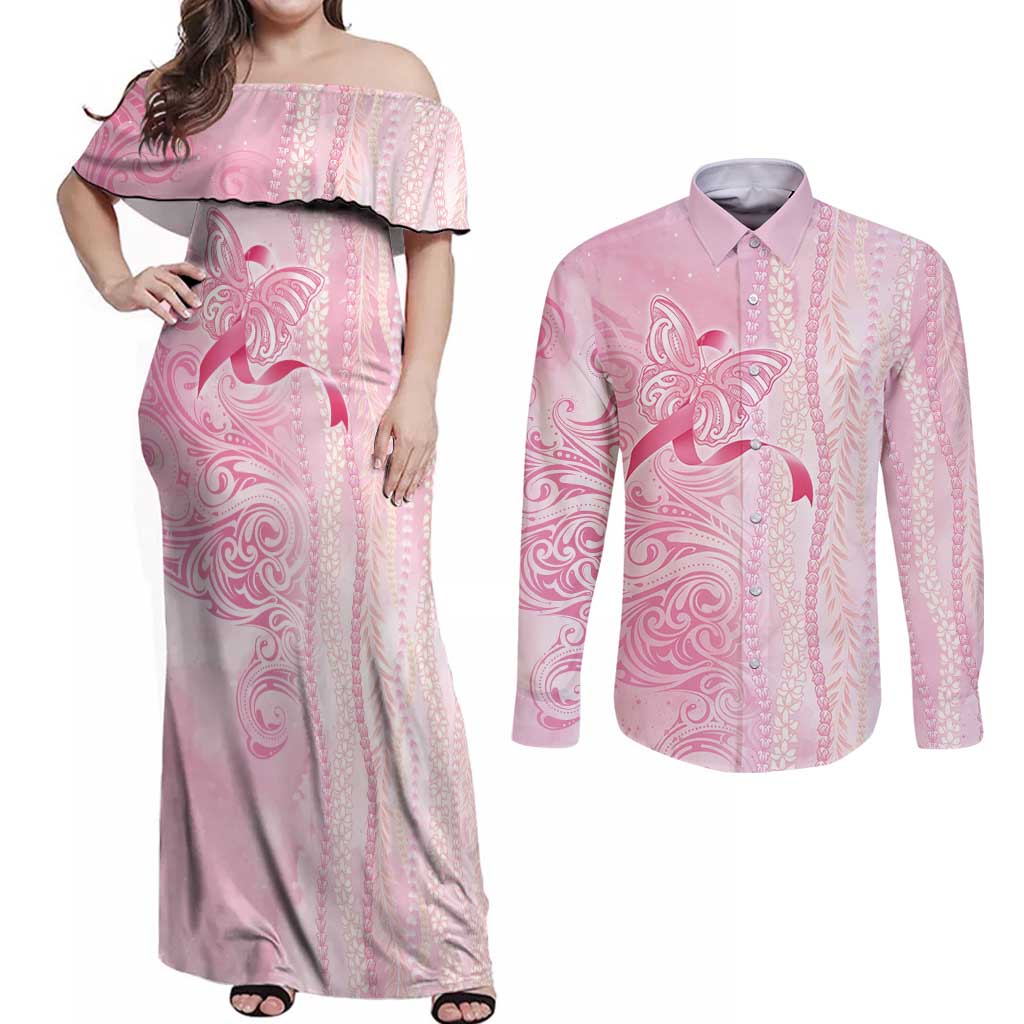 Breast Cancer Awareness Couples Matching Off Shoulder Maxi Dress and Long Sleeve Button Shirt Maile Pikake Lokelani Crown Flower Lei Inspired