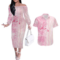 Breast Cancer Awareness Couples Matching Off The Shoulder Long Sleeve Dress and Hawaiian Shirt Maile Pikake Lokelani Crown Flower Lei Inspired LT9 Pink - Polynesian Pride