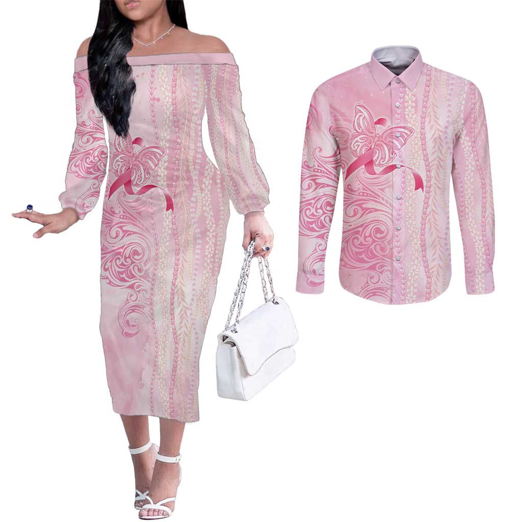 Breast Cancer Awareness Couples Matching Off The Shoulder Long Sleeve Dress and Long Sleeve Button Shirt Maile Pikake Lokelani Crown Flower Lei Inspired LT9 Pink - Polynesian Pride