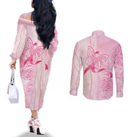 Breast Cancer Awareness Couples Matching Off The Shoulder Long Sleeve Dress and Long Sleeve Button Shirt Maile Pikake Lokelani Crown Flower Lei Inspired LT9 - Polynesian Pride