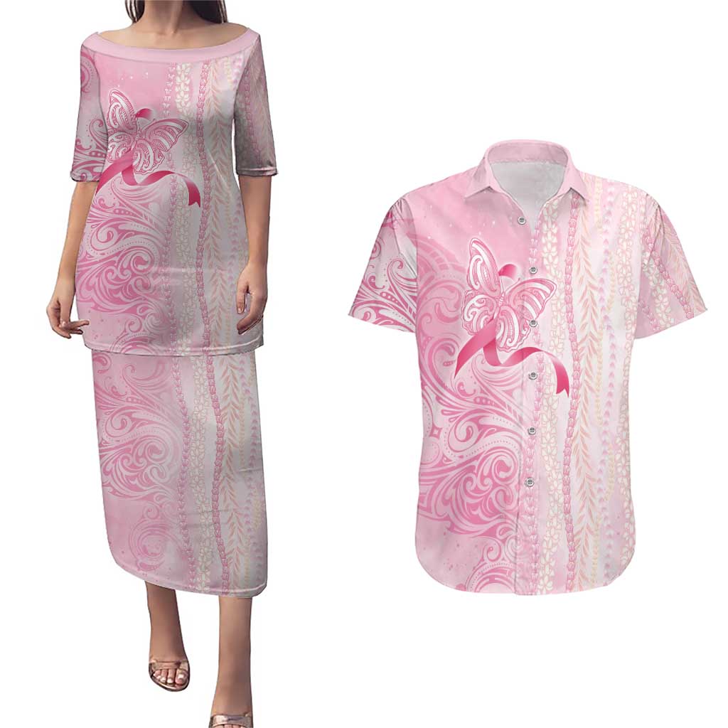 Breast Cancer Awareness Couples Matching Puletasi and Hawaiian Shirt Maile Pikake Lokelani Crown Flower Lei Inspired