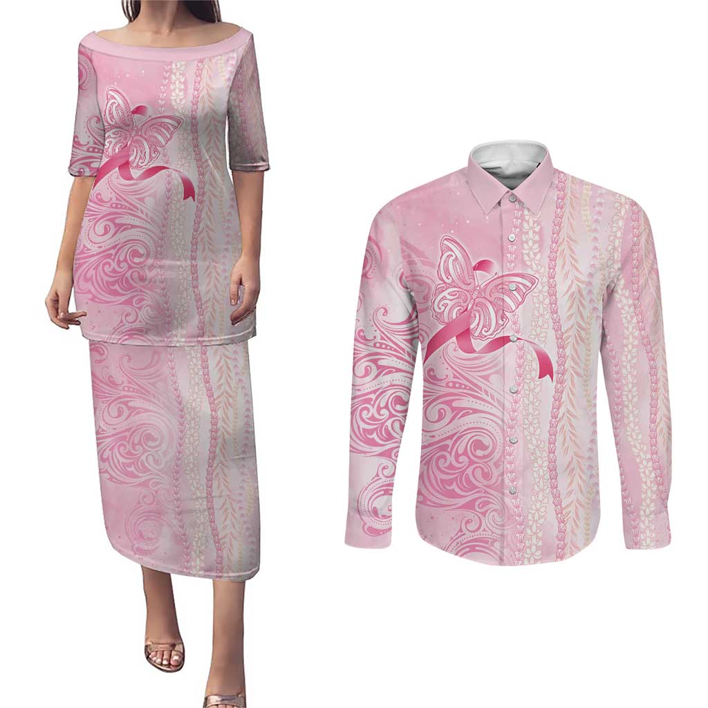 Breast Cancer Awareness Couples Matching Puletasi and Long Sleeve Button Shirt Maile Pikake Lokelani Crown Flower Lei Inspired