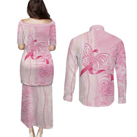 Breast Cancer Awareness Couples Matching Puletasi and Long Sleeve Button Shirt Maile Pikake Lokelani Crown Flower Lei Inspired