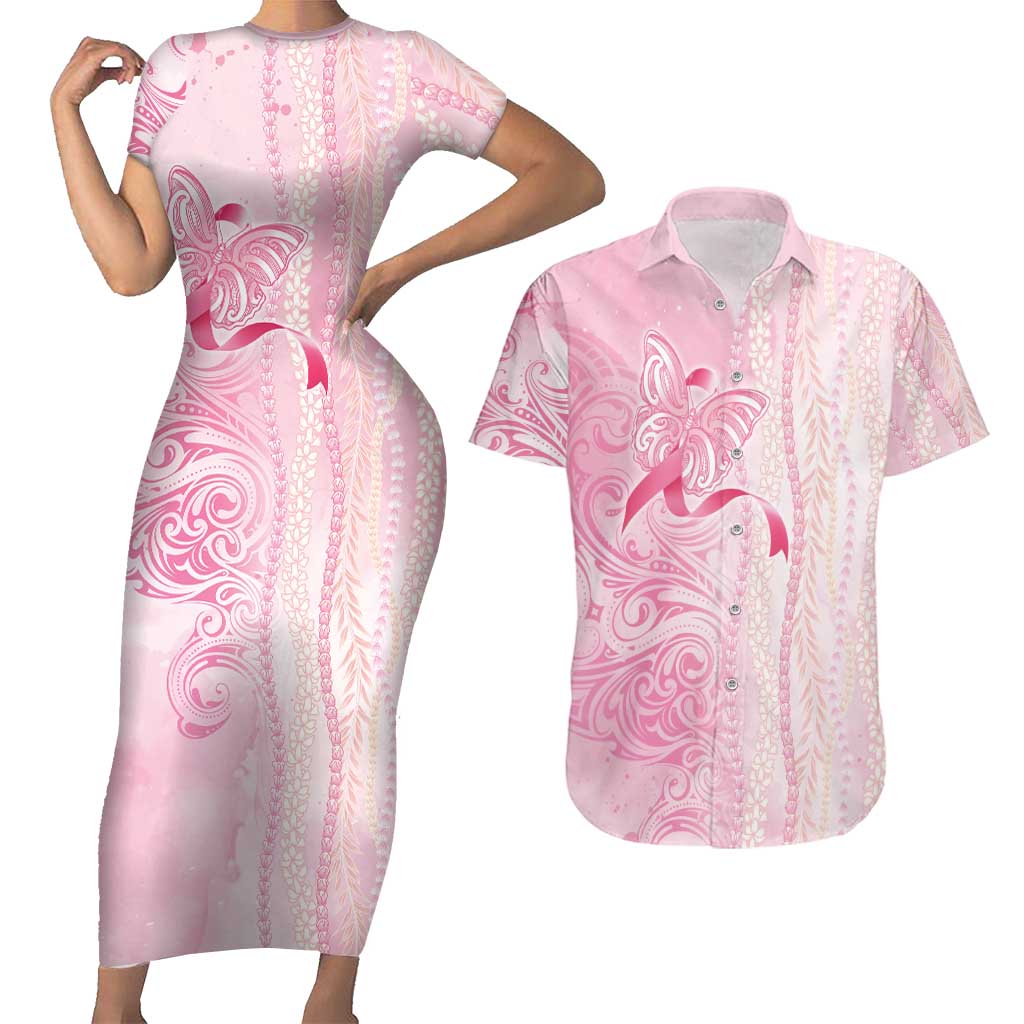 Breast Cancer Awareness Couples Matching Short Sleeve Bodycon Dress and Hawaiian Shirt Maile Pikake Lokelani Crown Flower Lei Inspired LT9 Pink - Polynesian Pride