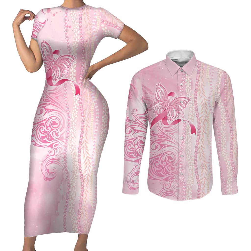 Breast Cancer Awareness Couples Matching Short Sleeve Bodycon Dress and Long Sleeve Button Shirt Maile Pikake Lokelani Crown Flower Lei Inspired