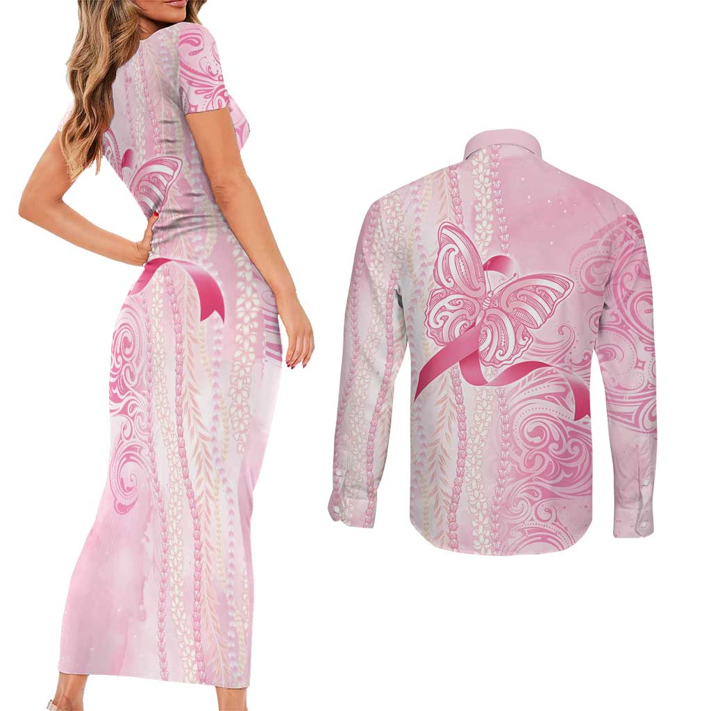 Breast Cancer Awareness Couples Matching Short Sleeve Bodycon Dress and Long Sleeve Button Shirt Maile Pikake Lokelani Crown Flower Lei Inspired LT9 - Polynesian Pride