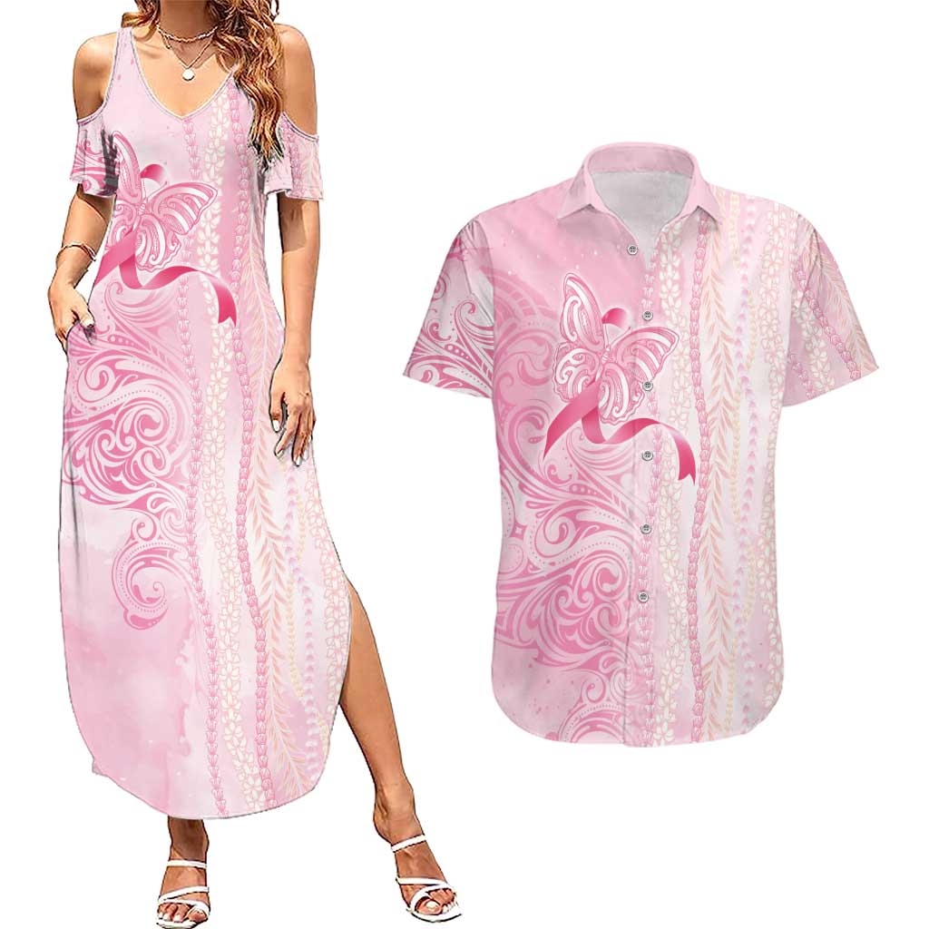 Breast Cancer Awareness Couples Matching Summer Maxi Dress and Hawaiian Shirt Maile Pikake Lokelani Crown Flower Lei Inspired