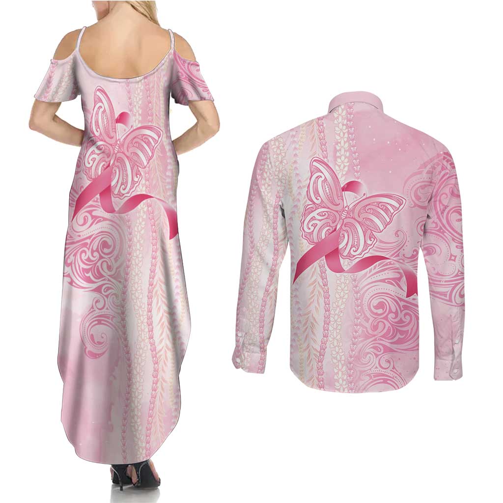 Breast Cancer Awareness Couples Matching Summer Maxi Dress and Long Sleeve Button Shirt Maile Pikake Lokelani Crown Flower Lei Inspired LT9 - Polynesian Pride