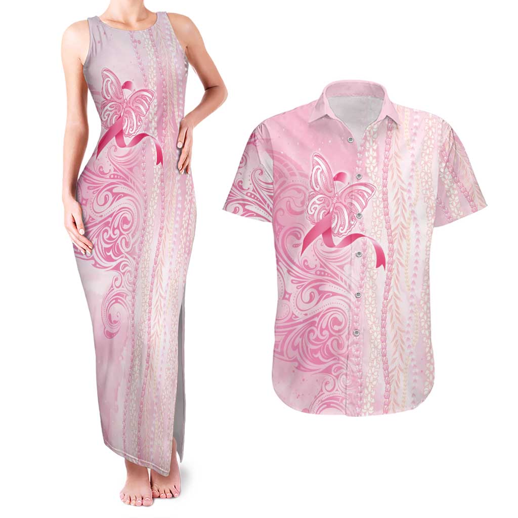 Breast Cancer Awareness Couples Matching Tank Maxi Dress and Hawaiian Shirt Maile Pikake Lokelani Crown Flower Lei Inspired LT9 Pink - Polynesian Pride