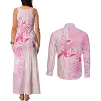 Breast Cancer Awareness Couples Matching Tank Maxi Dress and Long Sleeve Button Shirt Maile Pikake Lokelani Crown Flower Lei Inspired LT9 - Polynesian Pride