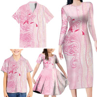 Breast Cancer Awareness Family Matching Long Sleeve Bodycon Dress and Hawaiian Shirt Maile Pikake Lokelani Crown Flower Lei Inspired LT9 - Polynesian Pride