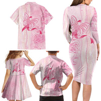 Breast Cancer Awareness Family Matching Long Sleeve Bodycon Dress and Hawaiian Shirt Maile Pikake Lokelani Crown Flower Lei Inspired LT9 - Polynesian Pride
