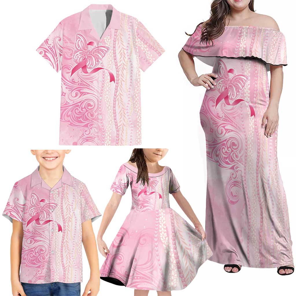 Breast Cancer Awareness Family Matching Off Shoulder Maxi Dress and Hawaiian Shirt Maile Pikake Lokelani Crown Flower Lei Inspired LT9 - Polynesian Pride